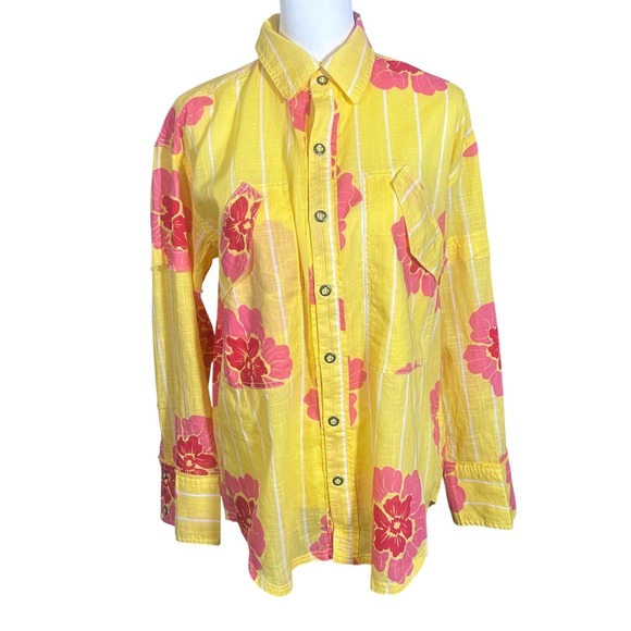 Free People Tops - We The Free Shirt NWT women's XS Yellow Pink Hidden Flower Camo Oversized Button